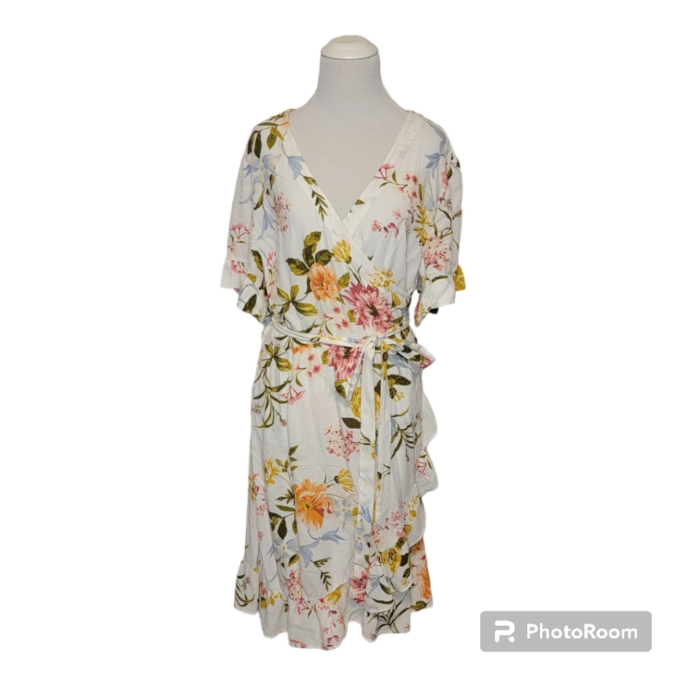 Loft Women's Ivory Floral Wrap Dress with Ruffle Trim - 14